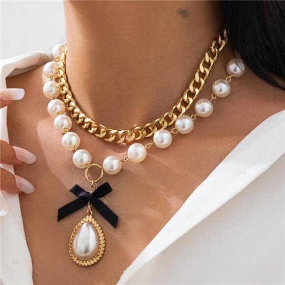 Gold Pearl Choker Necklace – Alloy Chain with Imitation Pearl Accent - Picture 1 of 4